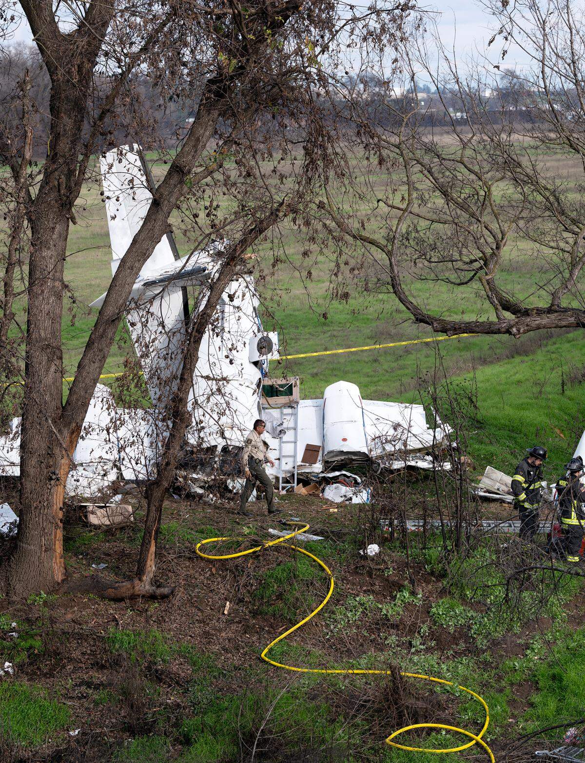 A pilot was killed when a small private airplane crashed near the Modesto airport shortly after takeoff in Modesto, Calif., Wednesday, Jan. 18, 2023.
