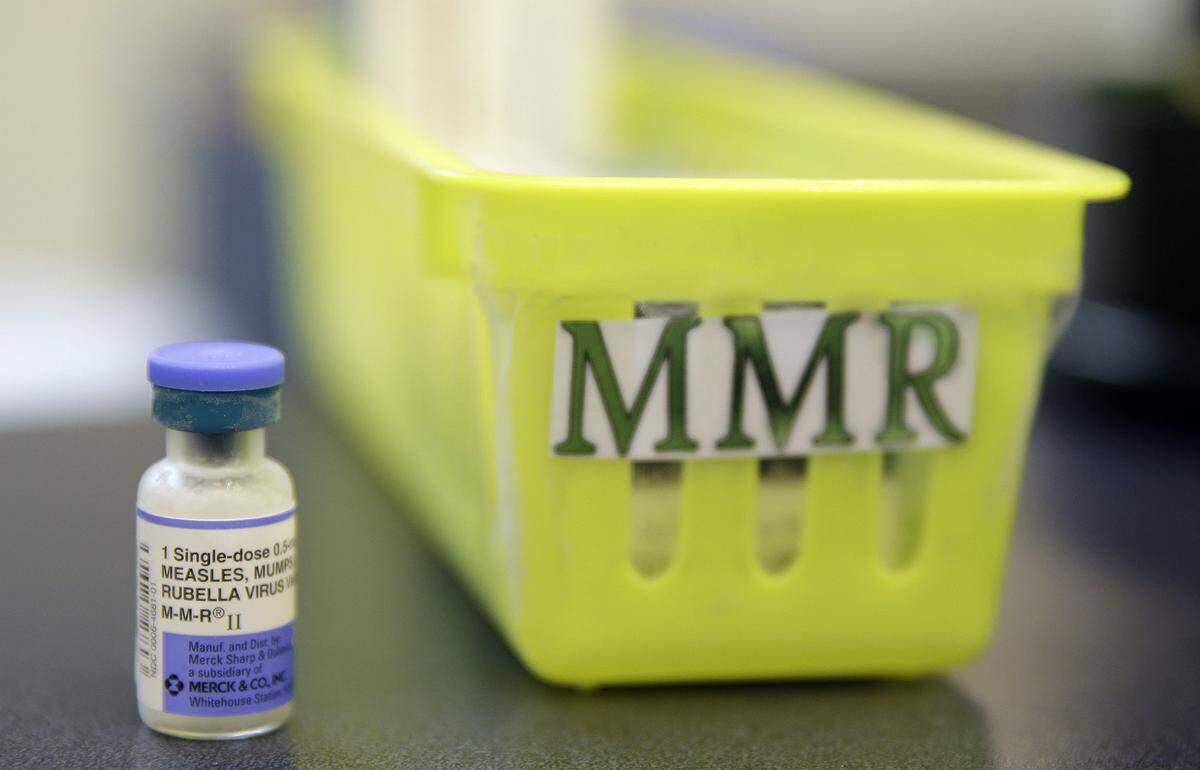 A measles, mumps and rubella vaccine on a countertop at a pediatrics clinic in California in 2015.