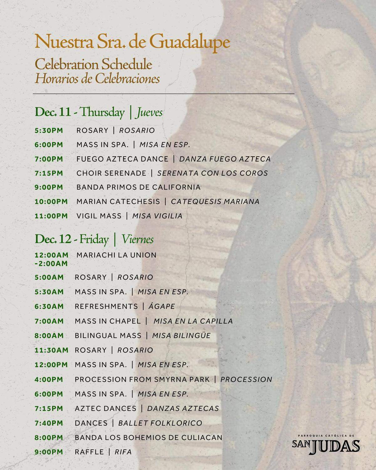 Schedule of events for the St. Jude’s observance for the Feast of Our Lady of Guadalupe in Ceres on Friday, Dec. 12.