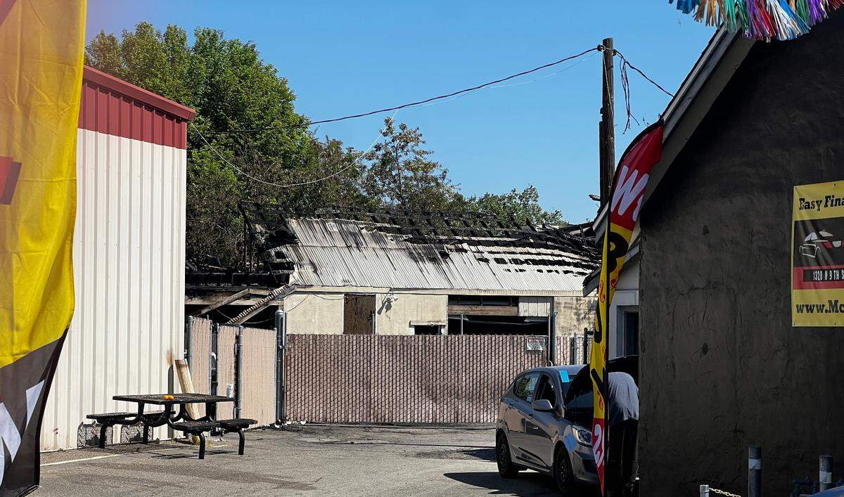 A commercial building at North Ninth Street and Clayton Avenue in Modesto was damaged by fire Sunday afternoon, April 13, 2025.