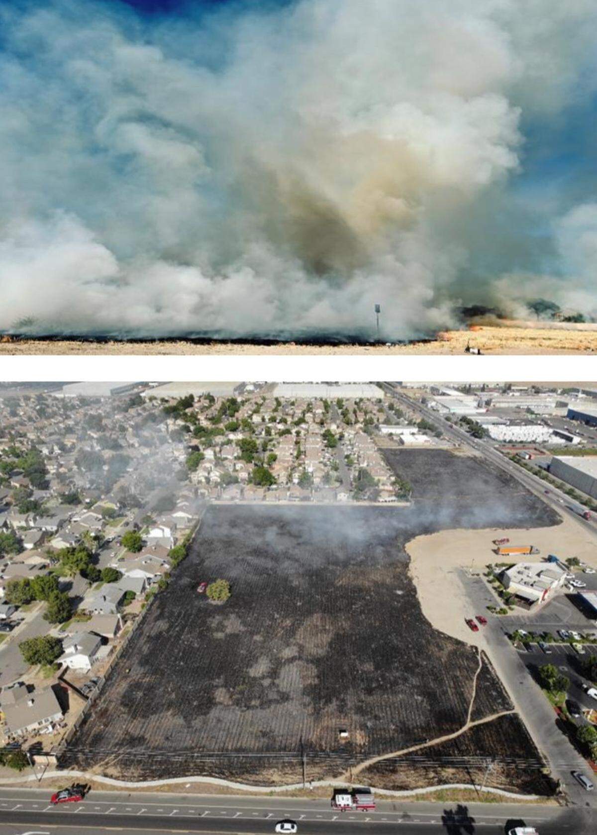 Overhead image of the 6:30 a.m. fire near E Whitmore Avenue and Morgan Road in Modesto on Thursday.