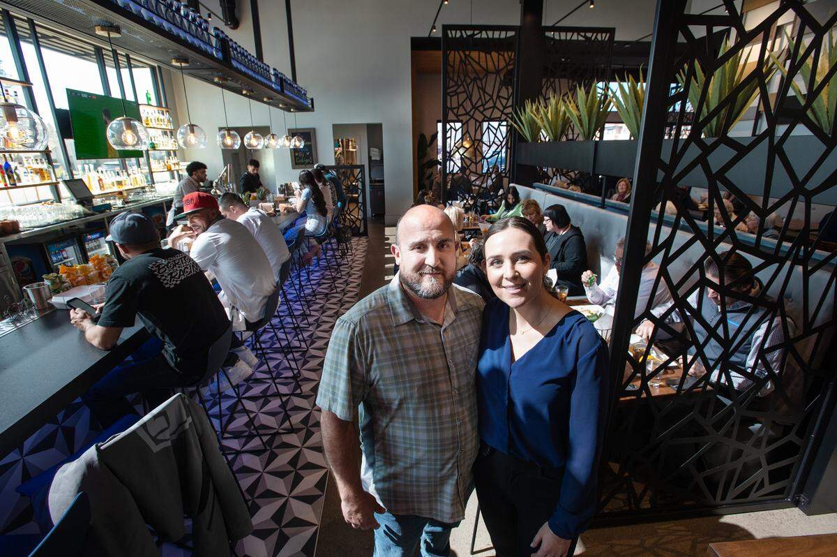 Owners Guillermo and Karina Ramirez at Memo’s Cocina & Tequila Bar in Modesto, Calif., on Thursday, Feb. 24, 2022.