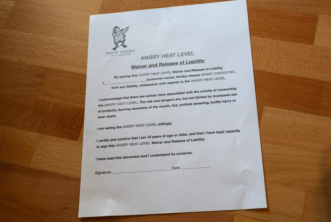 Angry Chickz restaurant in Ceres, Calif., on Thursday, July 15, 2021. Chicken made with the certified world’s hottest pepper, the Carolina Reaper, requires that customers sign a waiver before eating.
