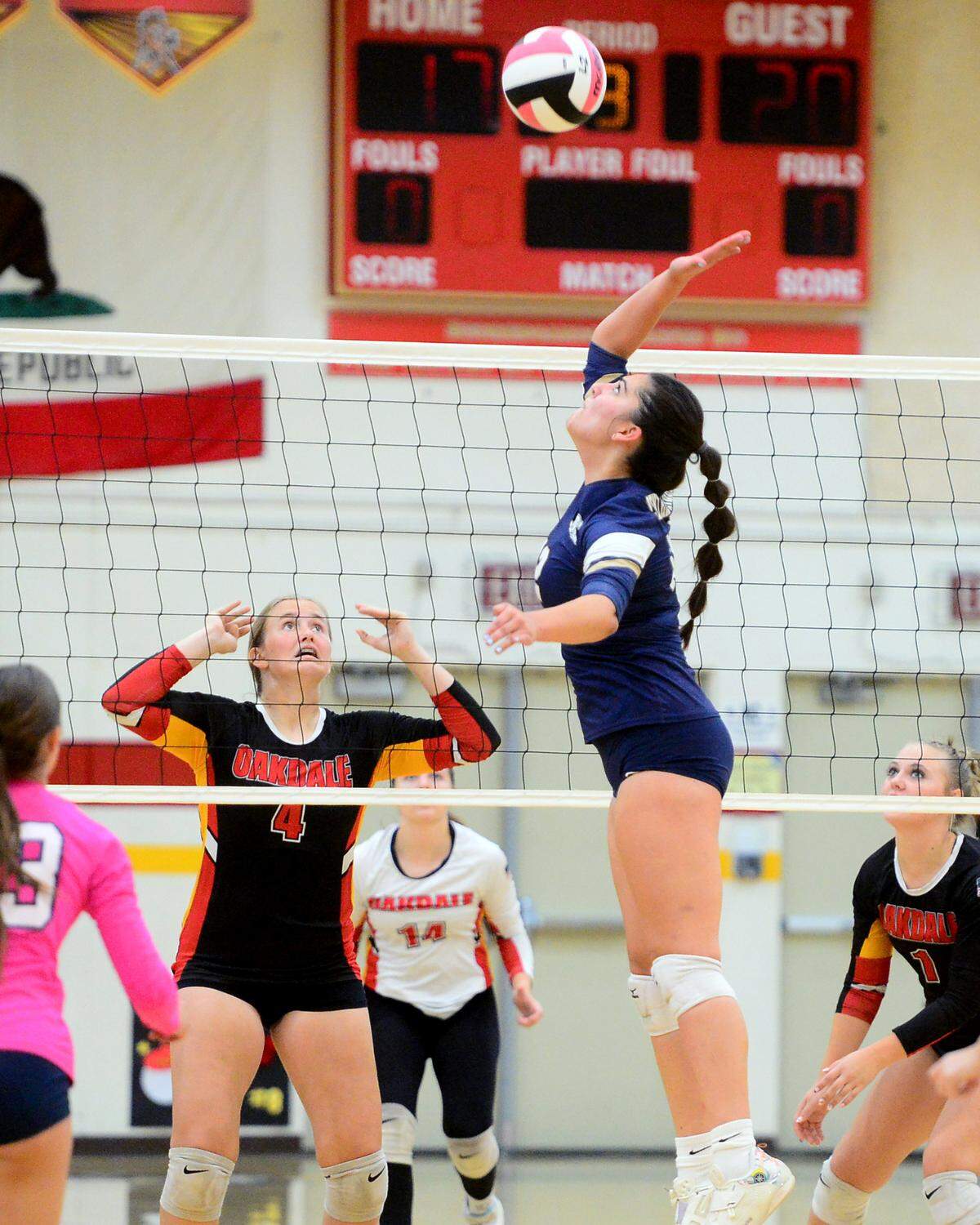 Central Catholic’s Hannah Tillery spikes the ball during a game between Oakdale and Central Catholic at Oakdale High School in Oakdale, Calif. on Thursday, Oct. 17, 2024.&nbsp;
