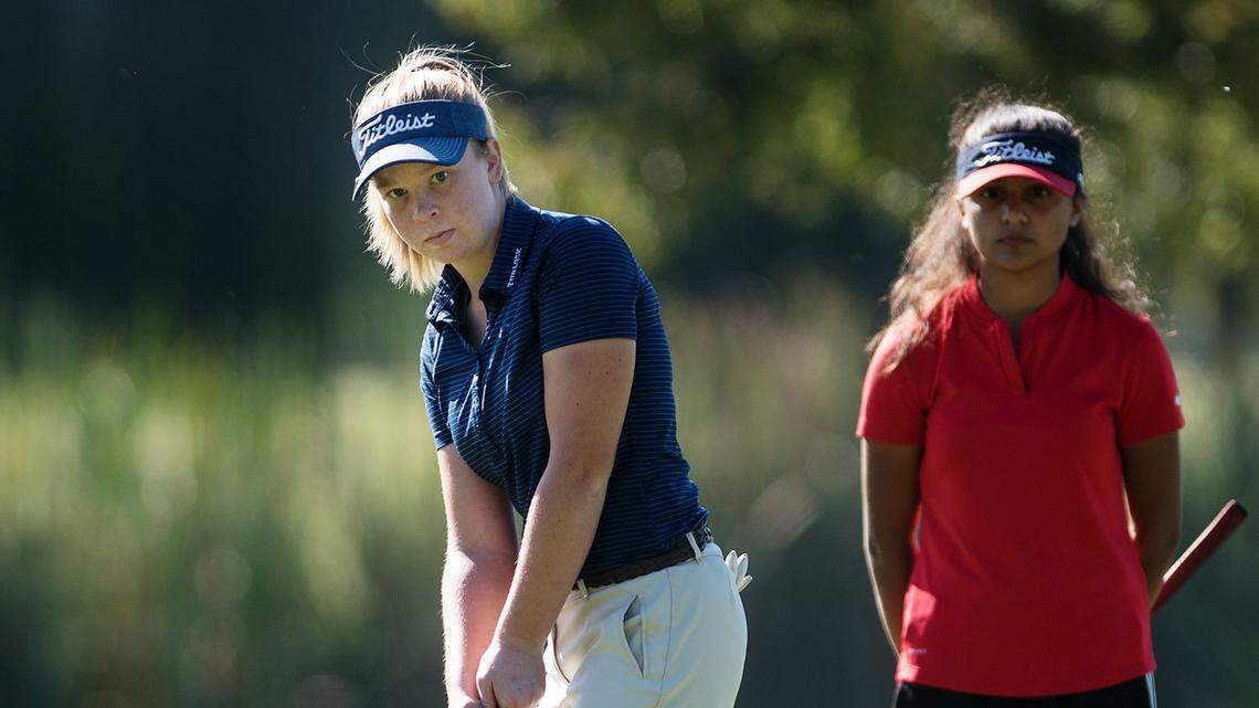 Turlock golfer Courtney Malmberg attempts a put on the 9th green during the CCAL tournament at Creekside Golf Course in Modesto, Ca., on Tuesday, Oct. 16, 2018.