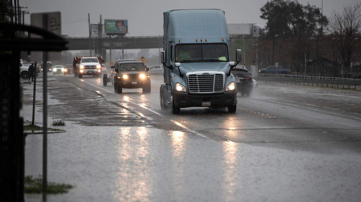 Road flooding caused slowdowns around Modesto, Calif., on Monday, Dec. 13, 2021.