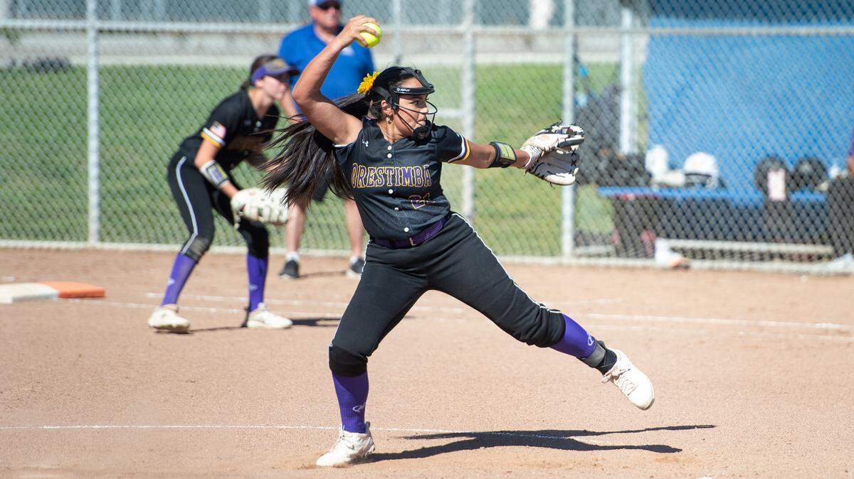 Orestimba’s Jacquelyn Lujan delivers a pitch during the Southern Athletic League game with Ripon Christian at Ripon Christian High School in Ripon, Calif., Thursday, April 20, 2023.