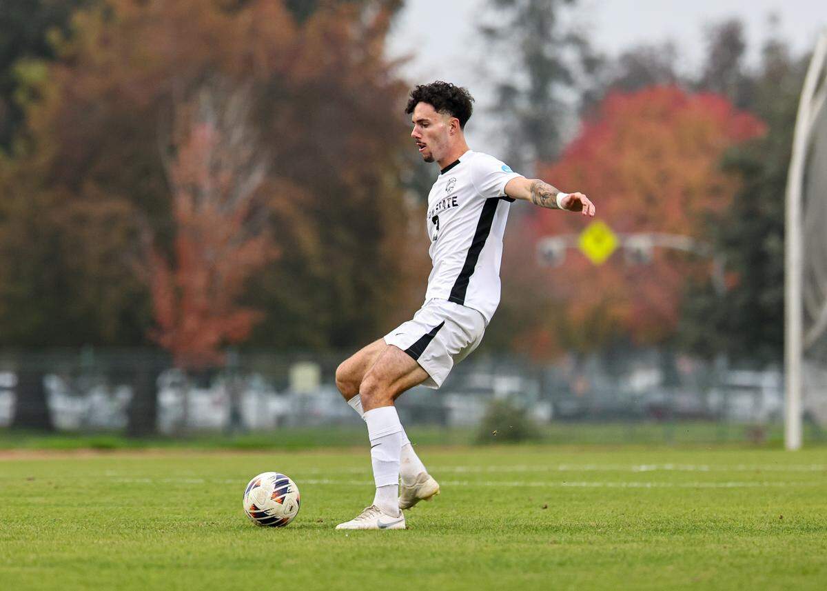 Nationally ranked No. 3 Stanislaus State men’s soccer defender Federico Barbieri delivers a pass against No. 8 Midwestern State in the NCAA Division II Super Region IV Third Round at Warrior Stadium on Sunday, Nov. 30 at Warrior Stadium in Turlock, Calif.