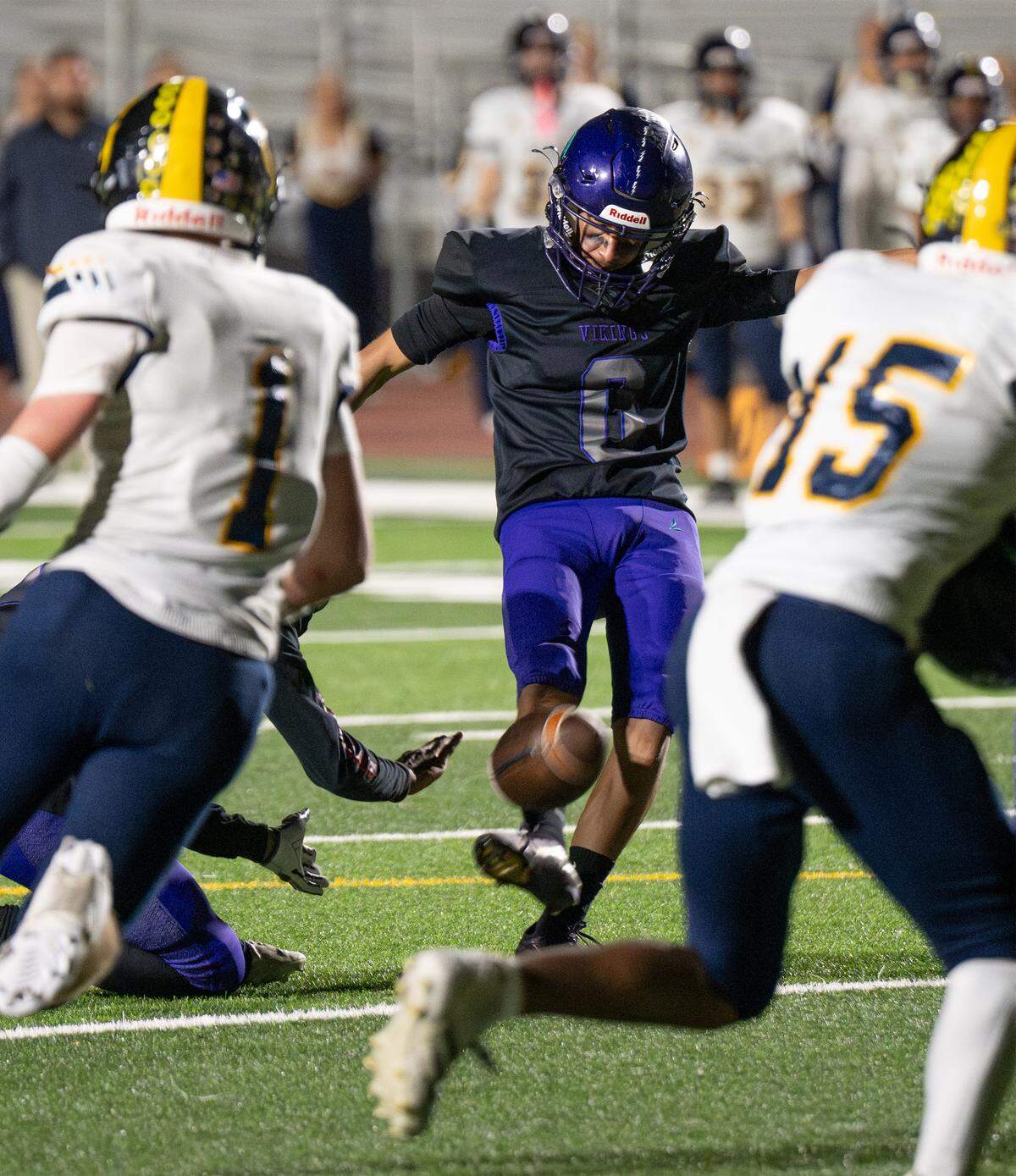 Johansen kicker Moises Farias converts an extra point to tie the game in the fourth quarter of Sac-Joaquin Section Championship Bowl game with Gregori at Johansen High School in Modesto on Friday, Nov. 7, 2025. Johansen won the game 27-21 in overtime.