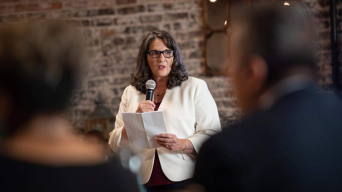 Modesto Mayor Sue Zwhalen addresses the Forward Together committee duirng its first meeting at Greens on Tenth in Modesto, Calif., on Tuesday, July 20, 2021.