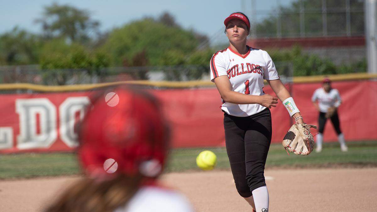 Ceres’ Brooklyn Heffernan delivers a pitch during the Western Athletic Conference League game with Los Banos in Ceres, Calif., on Wednesday, April 28, 2021.