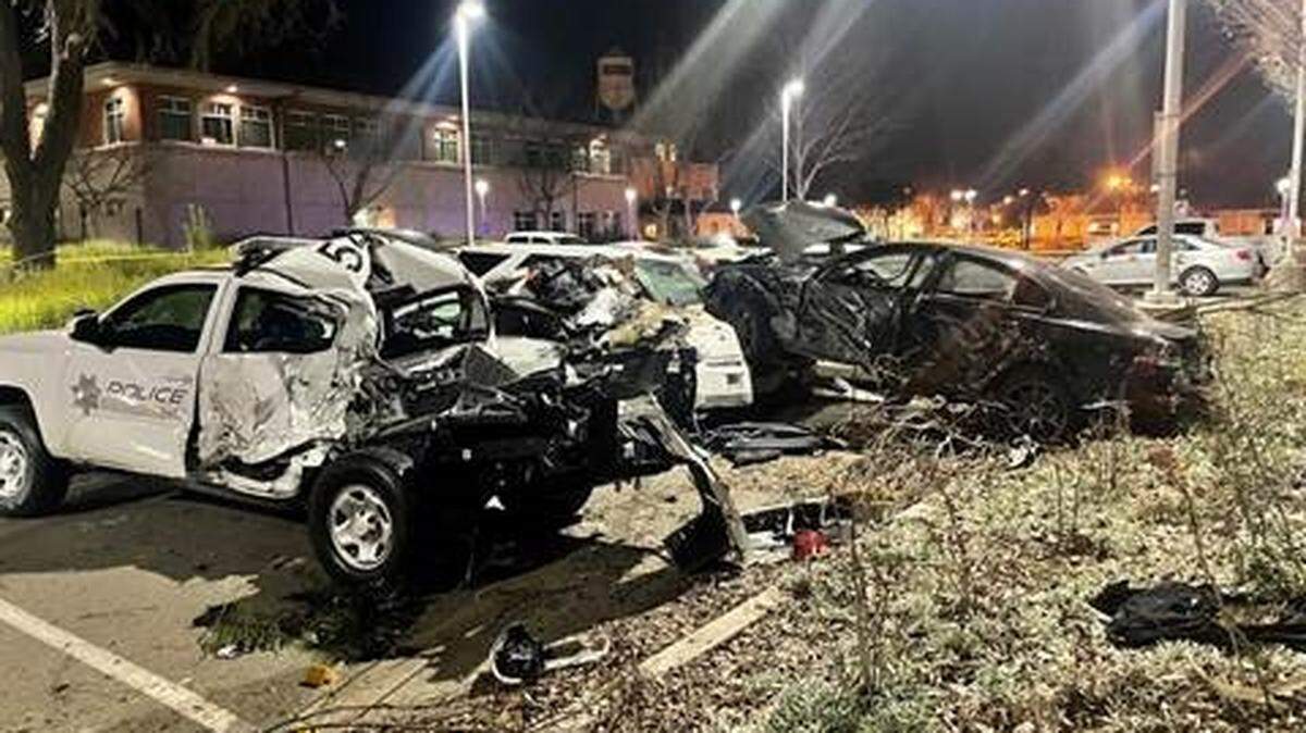A Tracy man died after crashing into four parked police vehicles at the Tracy Police Department on Feb. 17, 2022.