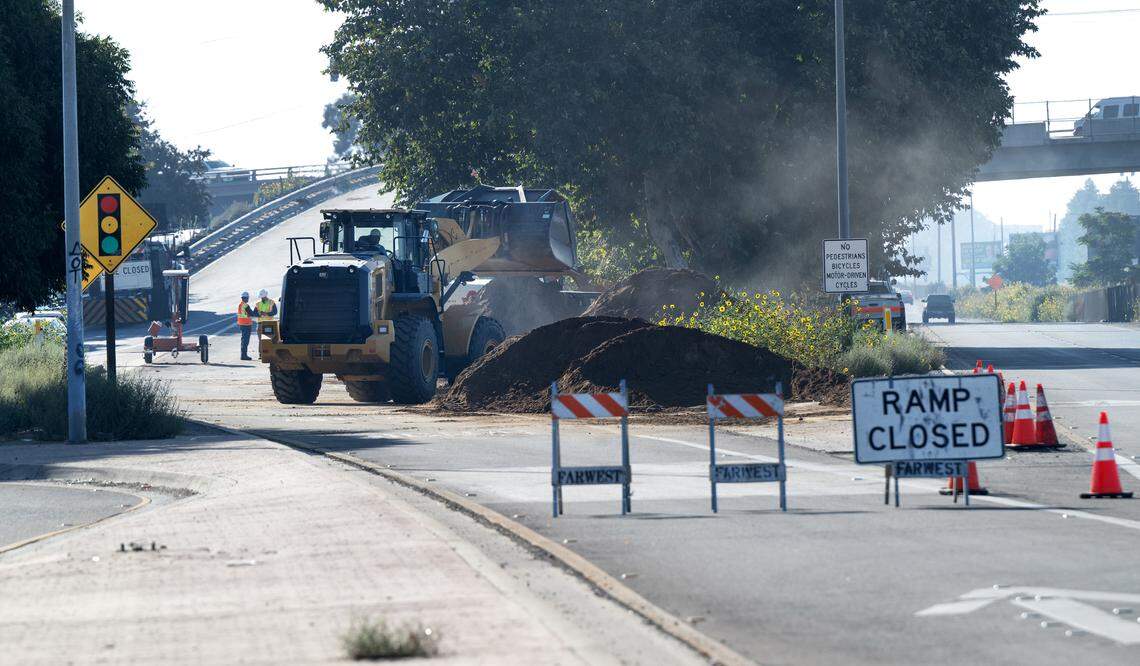 A California Department of Transportation crew repairs the southbound Highway 99 off-ramp at Hatch Road in Ceres, Calif., Tuesday, Sept. 24, 2024. Work is expected to be finished by Sept. 30.