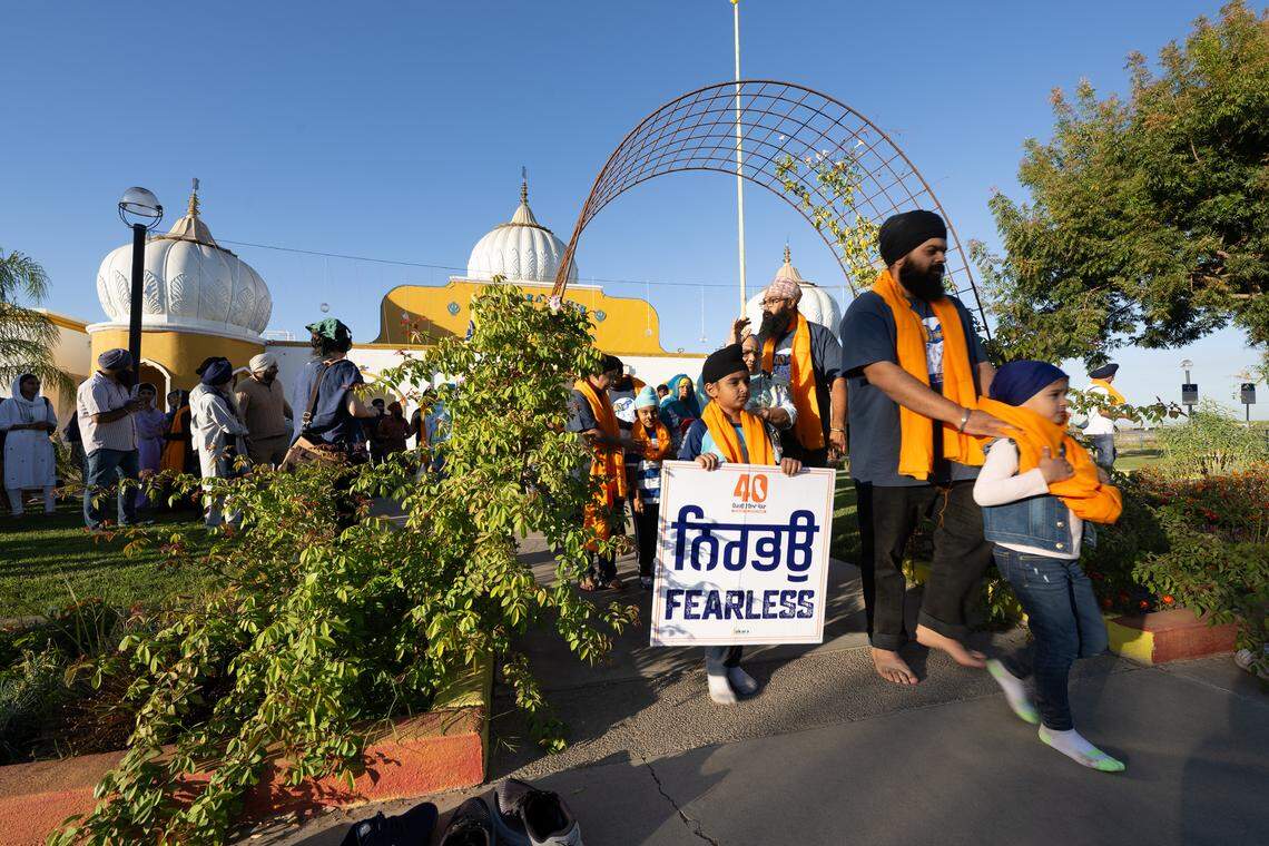 The Fearless for Justice March marchers arrive at the Gurdwara Sikh Temple in Ceres, Thursday, Oct. 24, 2024.