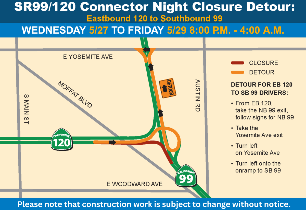 Nighttime detours are planned for May 27-29 as part of the upgrade of the Highway 99/120 interchange in Manteca.
