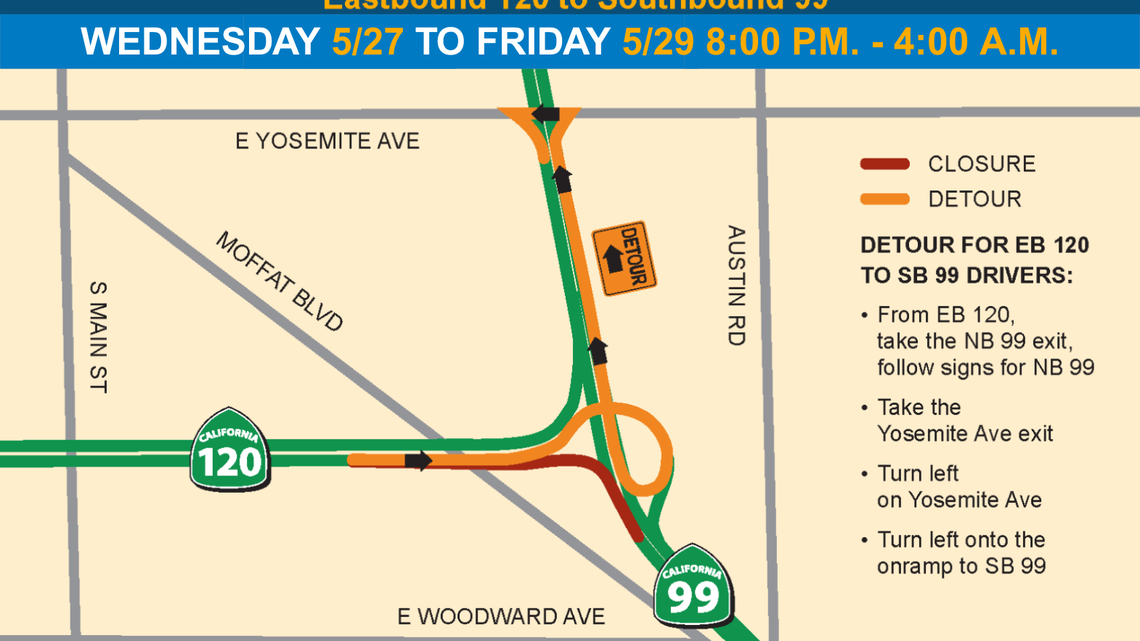 Another overnight detour awaits as Highway 99/120 junction in Manteca is expanded