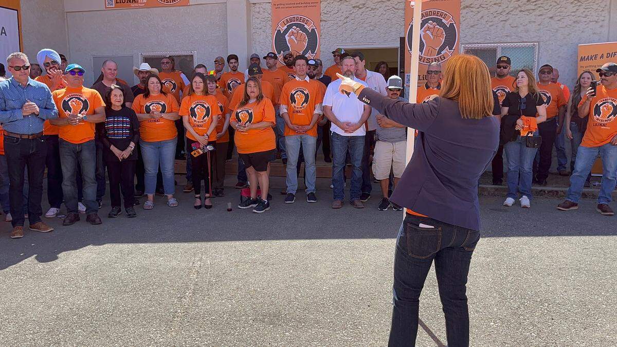 Lt. Gov. Eleni Kounalakis points to CA-13 congressional candidate Adam Gray during her speech to union members in Modesto, Calif. on September 14, 2024.