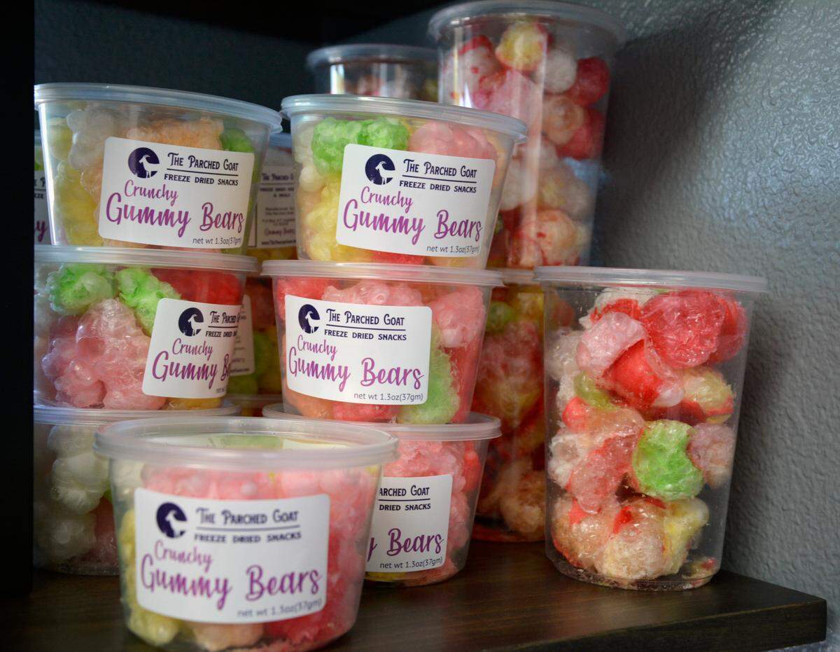 Freeze-dried gummy bears displayed inside the Hughson sweets and snacks shop The Parched Goat July 12, 2023.