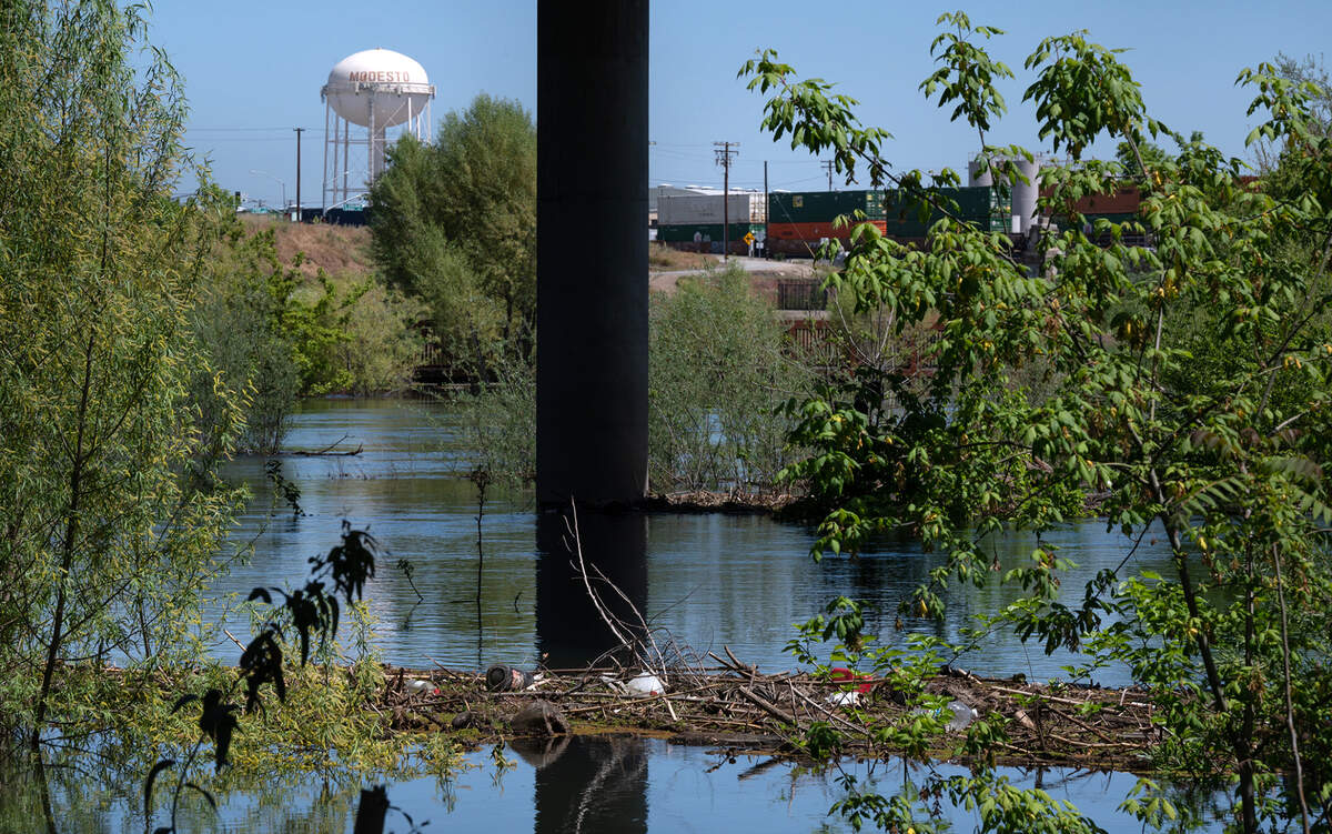 Tuloumne River passes under State Highway 99 in Modesto, Calif., Wednesday, April 26, 2023.