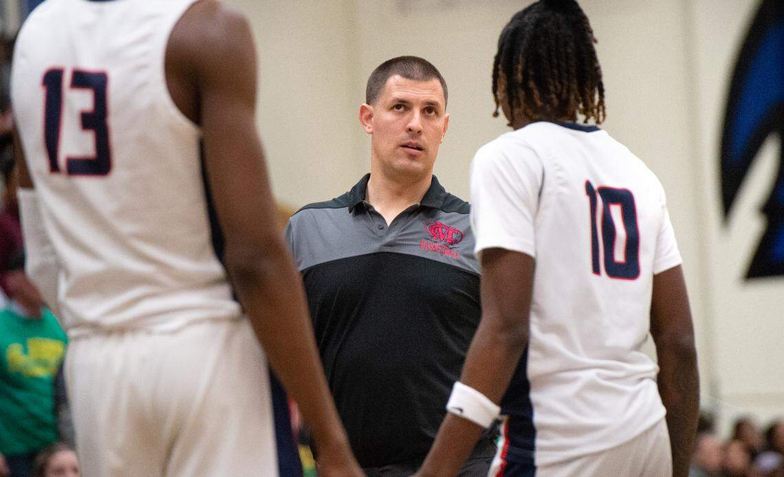Modesto Christian coach Brice Fantazia looks up at the clock late in the NorCal Open Division championship game with St. Joseph at Modesto Junior College in Modesto, Calif., Tuesday, March 7, 2023. St. Joseph won the game 72-58.