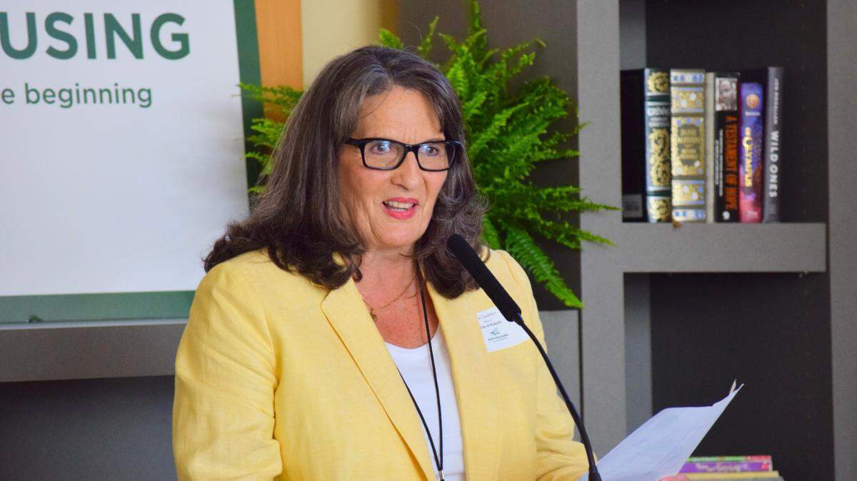 Mayor Sue Zwahlen speaks at the groundbreaking ceremony for Archway Commons II in Modesto on Wednesday, June 30, 2021.