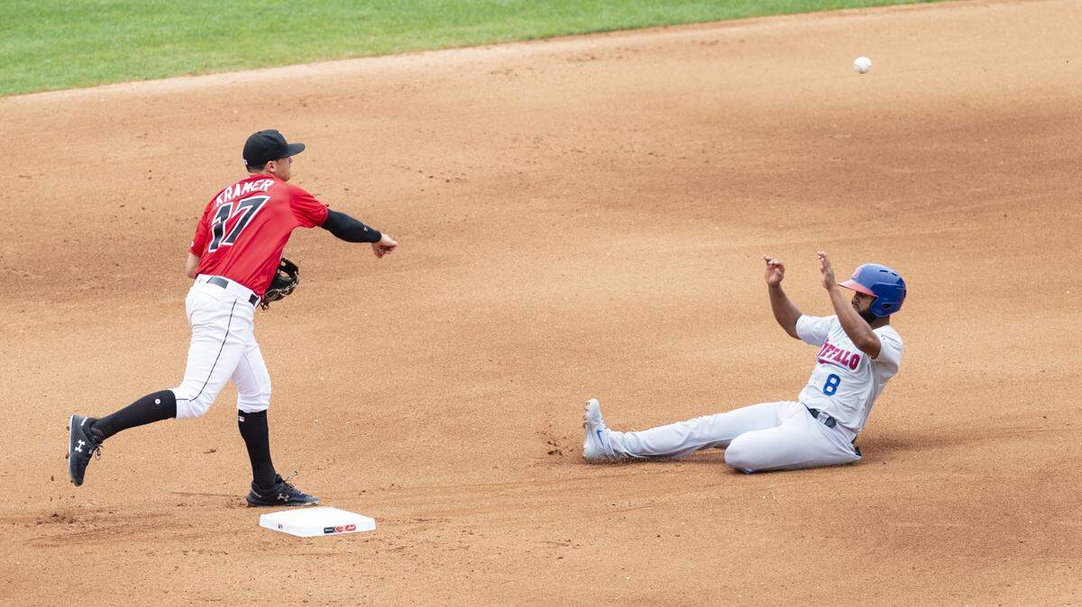 Indianapolis Indians’ Kevin Kramer (17) fires a throw to first base to complete a double-play in July 2018.