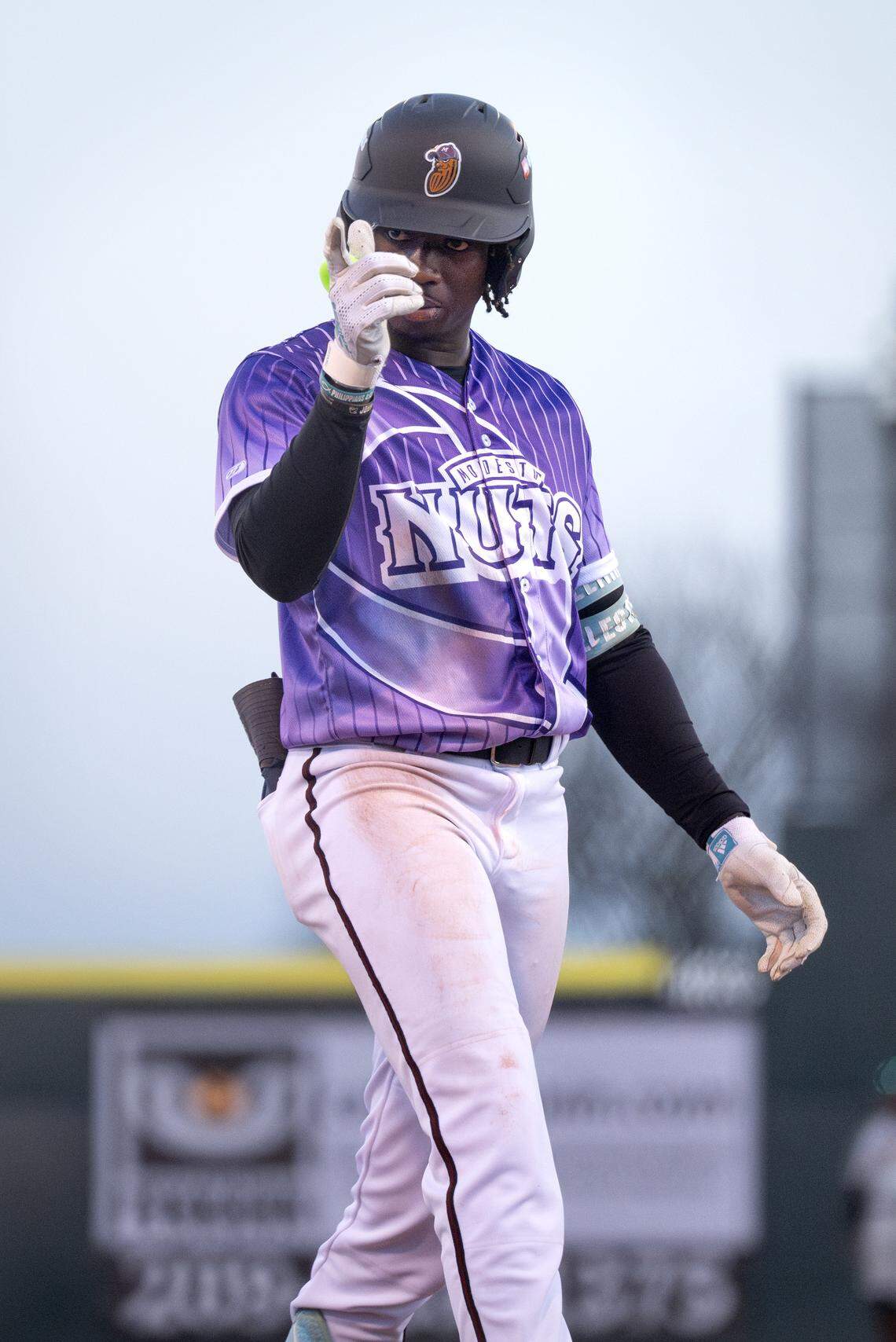 Modesto Nuts shortstop Felnin Celesten had two hits and two RBI’s in the 6-3 win over the San Jose Giants at John Thurman Field in Modesto, Friday, April 4, 2025.