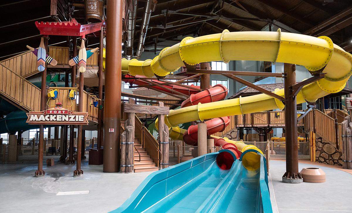 Water slides inside the Great Wolf Lodge in Manteca, Calif., on Monday, May 25, 2021.