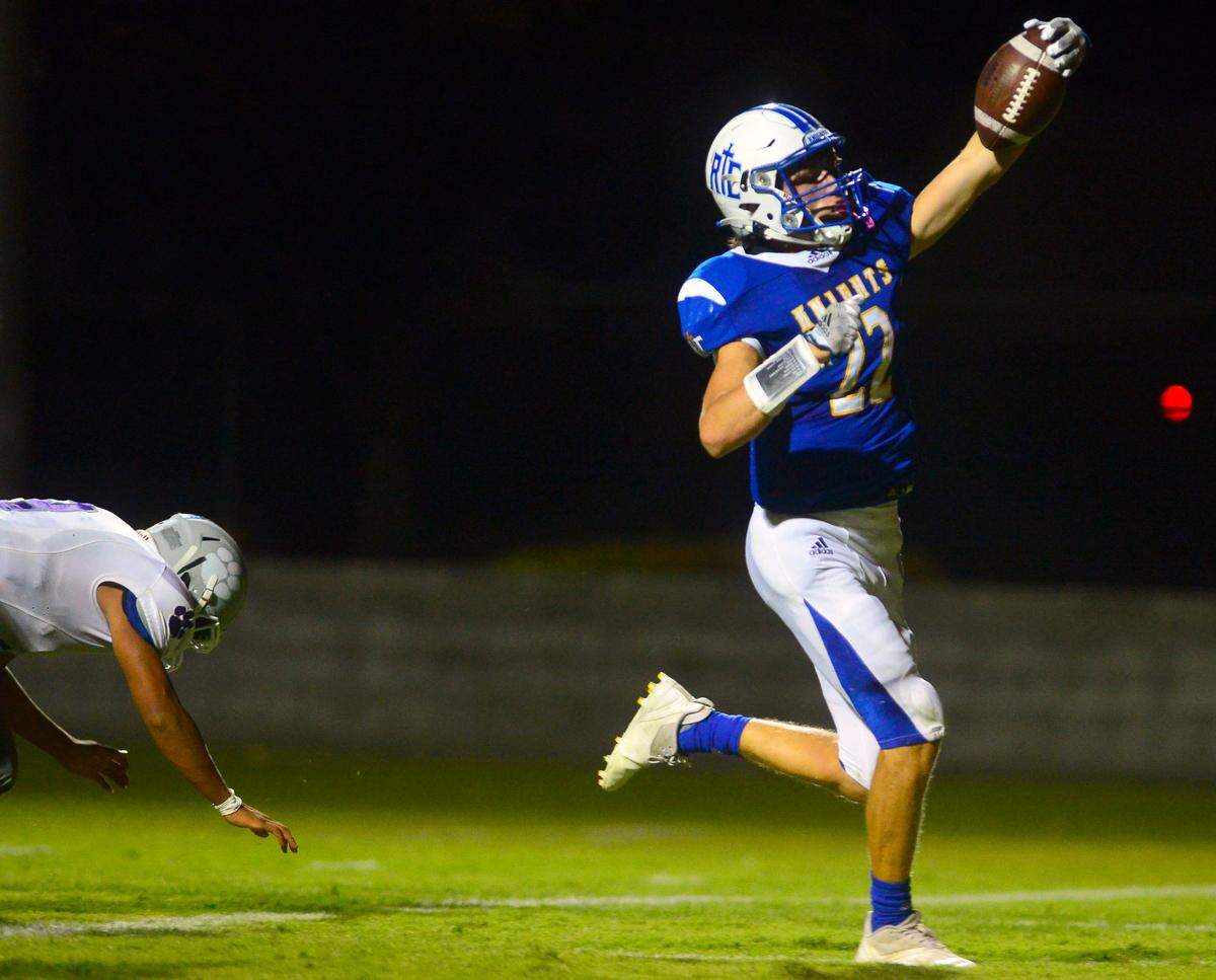 RC’s running back Derek VanElderen celebrates after scoring during a game between Ripon Christian and Denair at Ripon Christian High School in Ripon California on September 16, 2022.