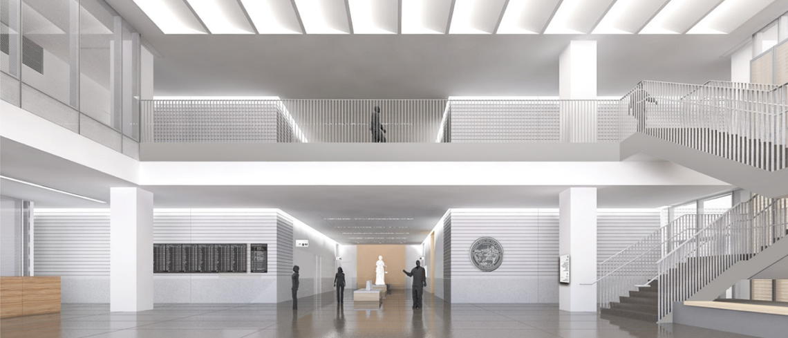 An artist rendering of the interior of the new Stanislaus County Courthouse located in downtown Modesto. The building is nearly complete, but still under construction.