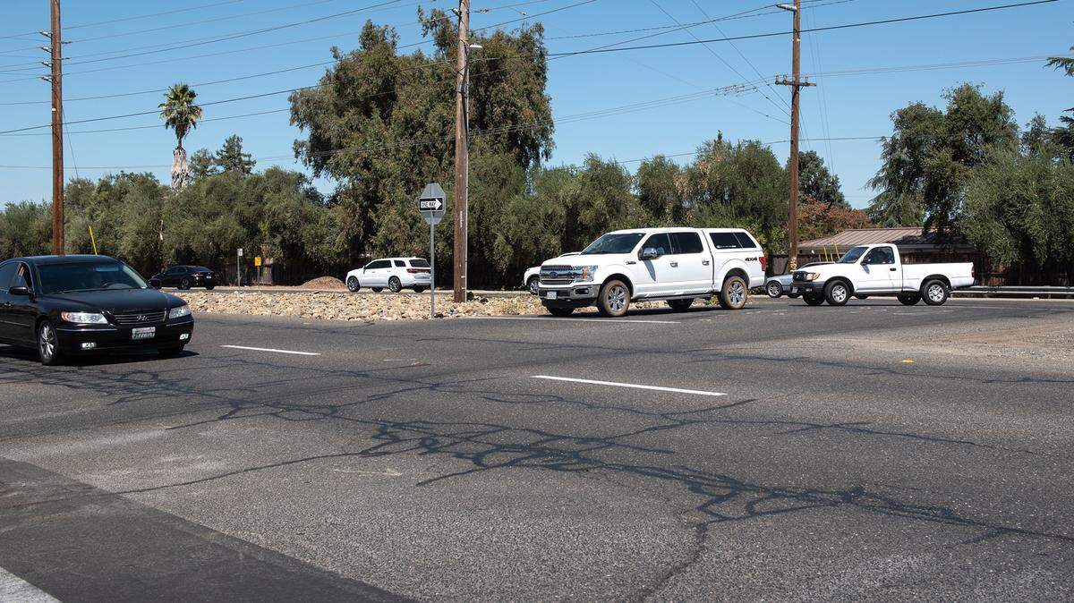 Briggsmore Ave at McHenry Village in Modesto, Calif., on August 24, 2022. The turn pocket to enter and exit the shopping center will be eliminated.