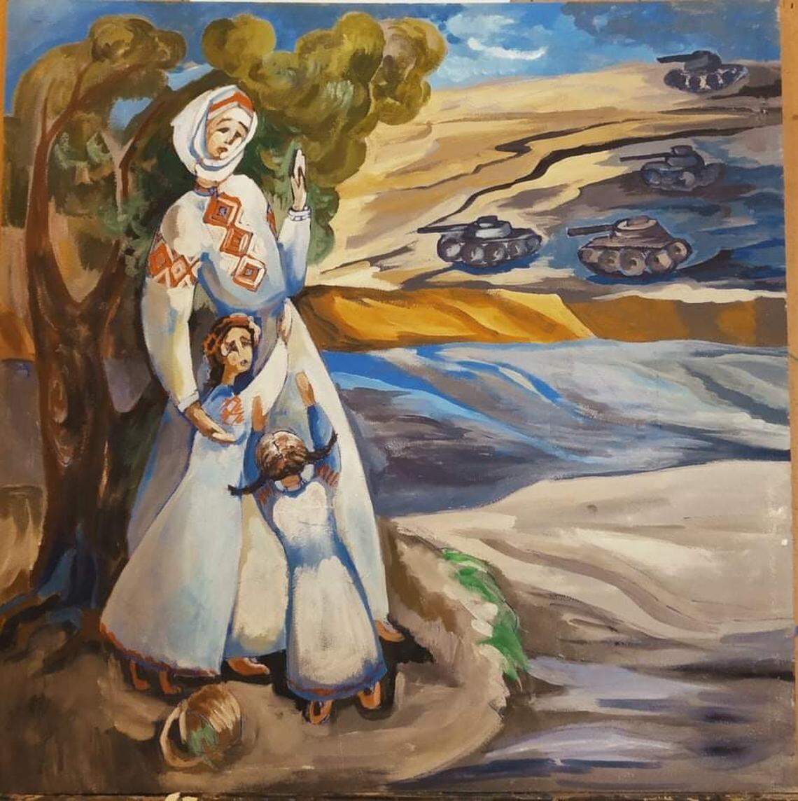 Mother and daughters take shelter from Russian tanks, by Nadia Boretska of Khmelnytskyi, Ukraine.