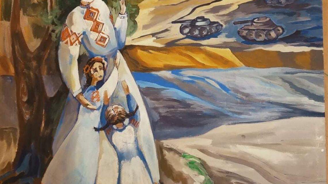 Mother and daughters take shelter from Russian tanks, by Nadia Boretska of Khmelnytskyi, Ukraine.