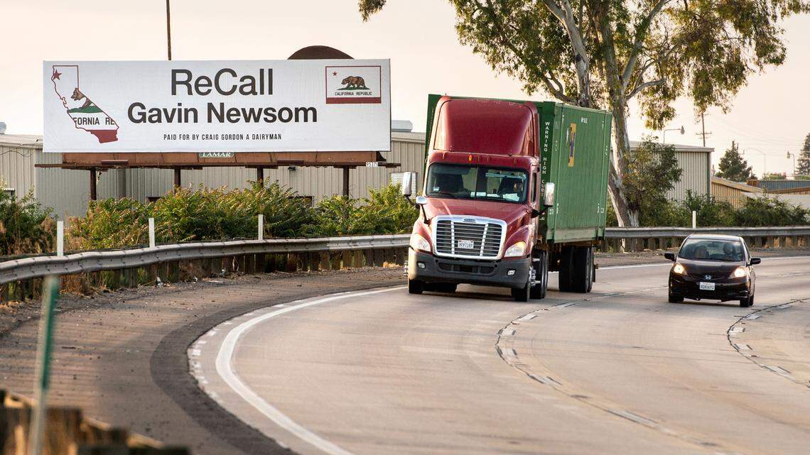 Recall Gavin Newsom billboard on Highway 99 south near the Woodland Ave over crossing in Modesto, Calif., on Friday, May 14, 2021.