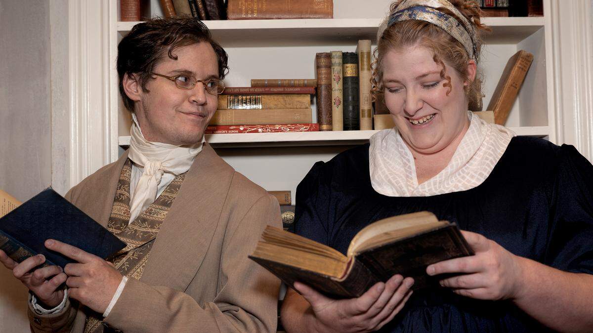 Ashley Patteson (as Mary Bennet) and Christopher Hunter (as Arthur de Bourgh) in Prospect Theater’s ““Miss Bennet: Christmas at Pemberley.”