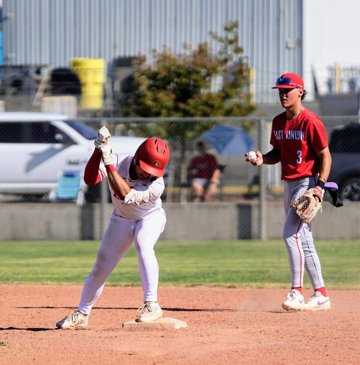 Oakdale’s Griffin Costa celebrates a double during the Sac-Joaquin Section Division IV baseball quarterfinals against East Union at Oakdale High School on Friday, May 9, 2025.