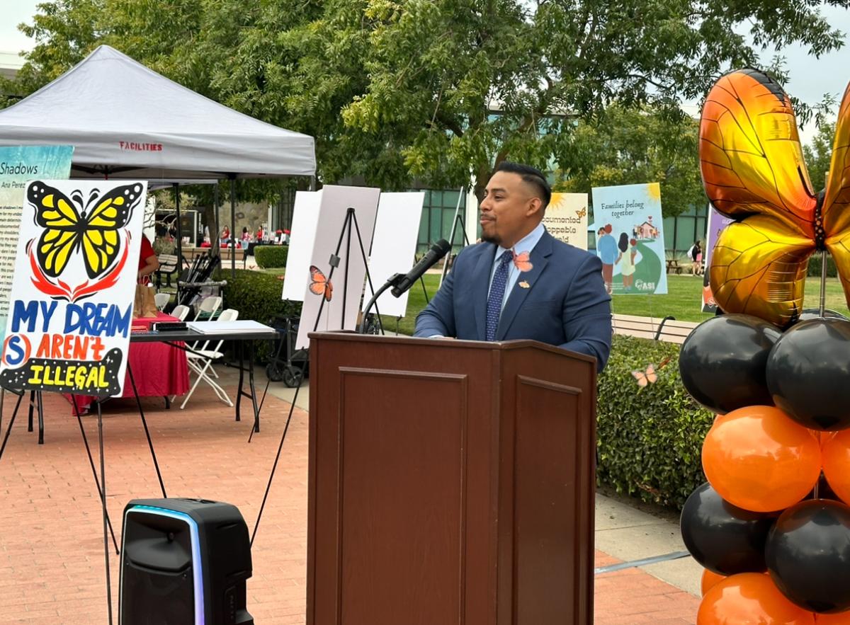 Guillermo Metelin Bock, Undocumented Student Services’ program coordinator, spoke at the Undocu-Day of Action outlining the struggles many undocumented students face.