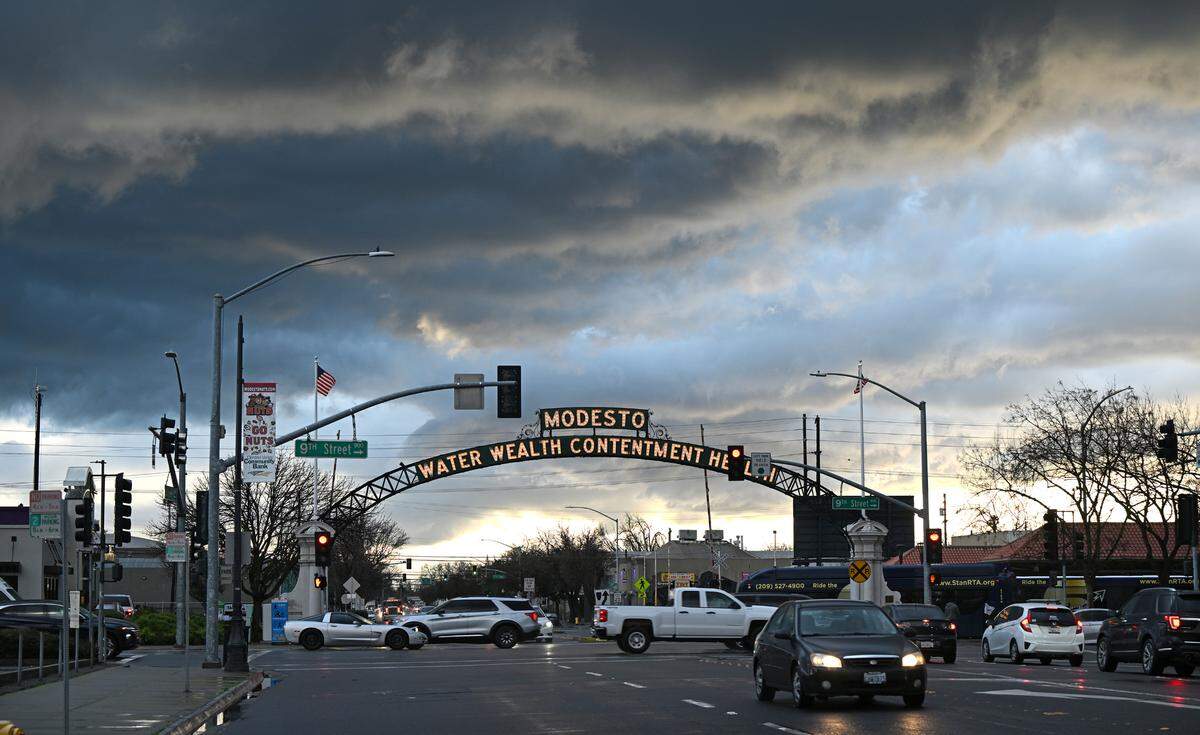 A storm passes through Modesto on Feb. 1, 2024.