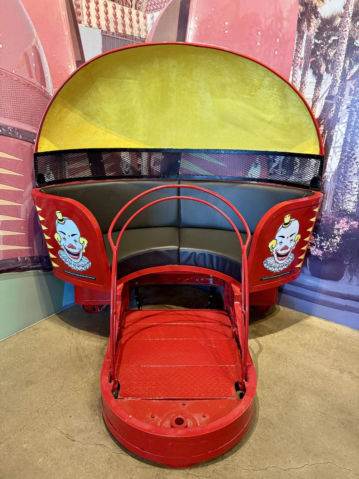 A seat from amusement park ride Tilt-A-Whirl is displayed at Pizza My Heart in Tracy.