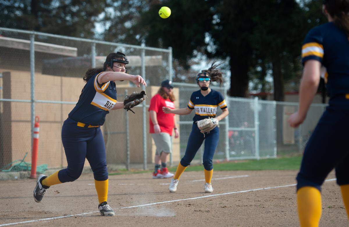 Big Valley Christian’s Rachel Schmidt throws out the runner after fielding a bunt during the non-league game with Ripon in Ripon, Calif., Friday, March 17, 2023.