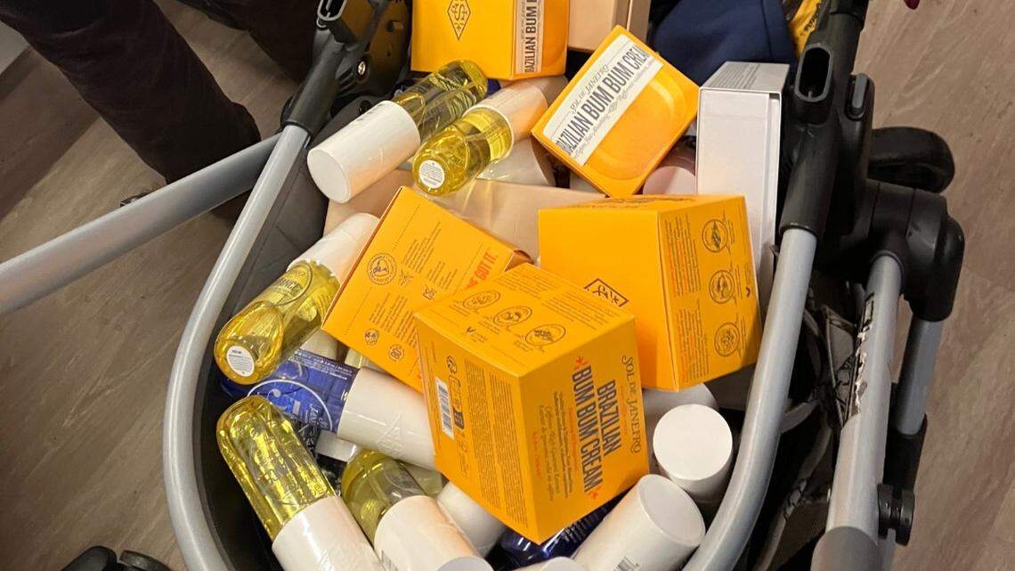 Boxes of Brazilian Bum Bum Cream were among the alleged stolen goods seized by police in Turlock CA on Feb. 1, 2024.