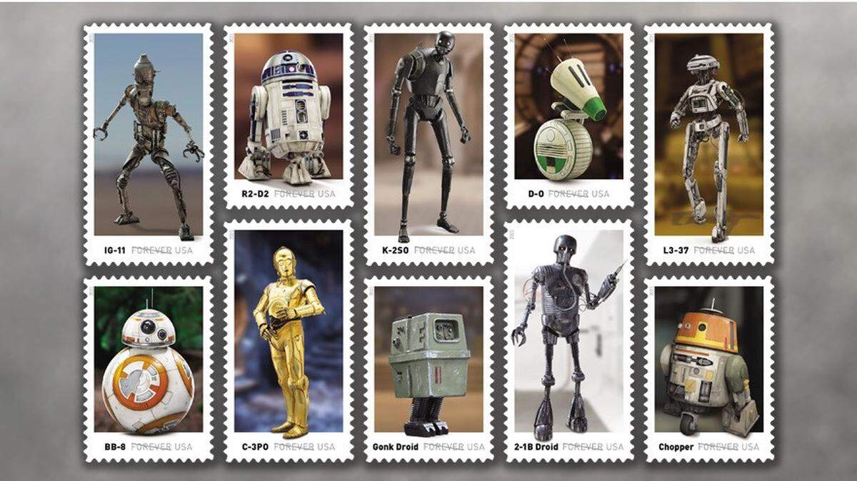 Ten “Star Wars” droids are pictured on a sheet of stamps that will be released by the U.S. Postal Service this spring.