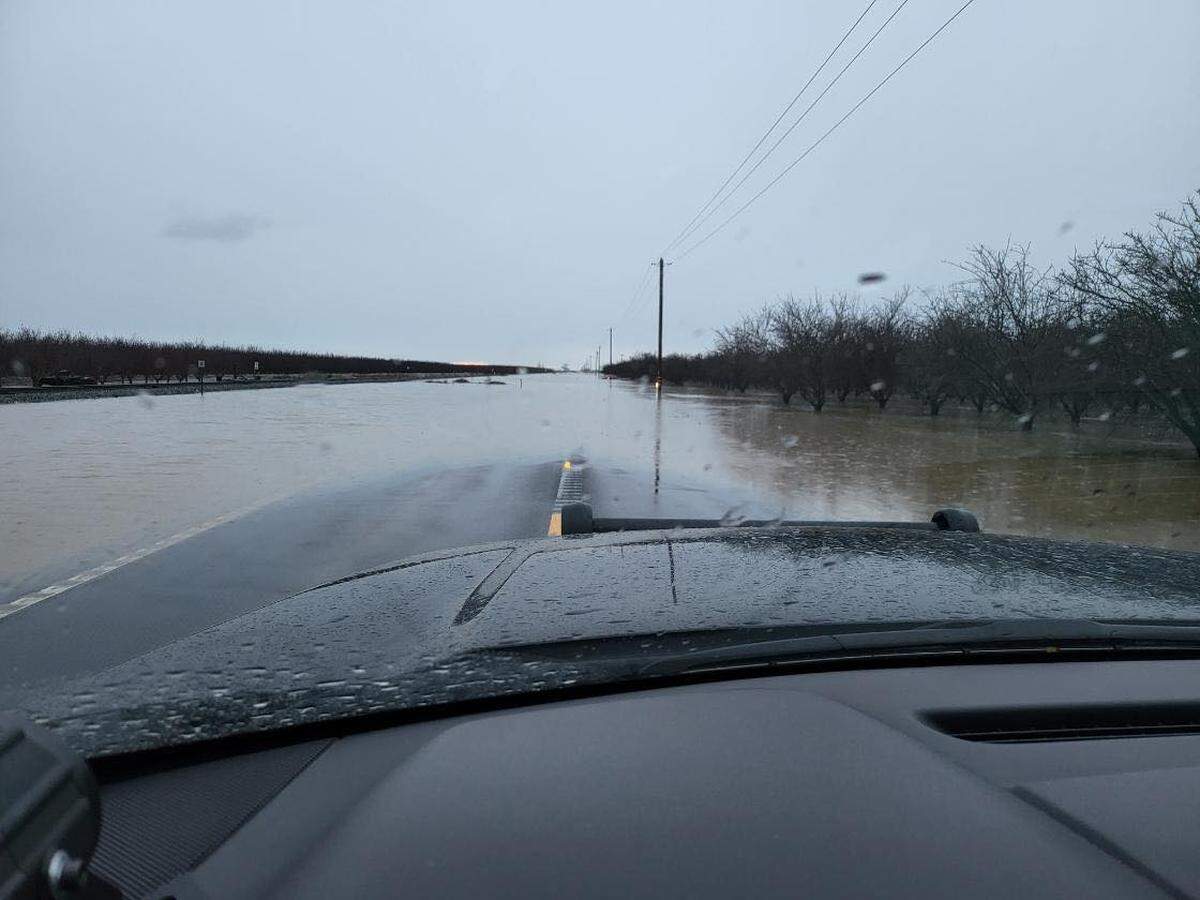 The Modesto office of the California Highway Patrol posted on Facebook on Monday morning, Jan. 16, 2023, this shot of flooded Highway 33 on the West Side of Stanislaus County