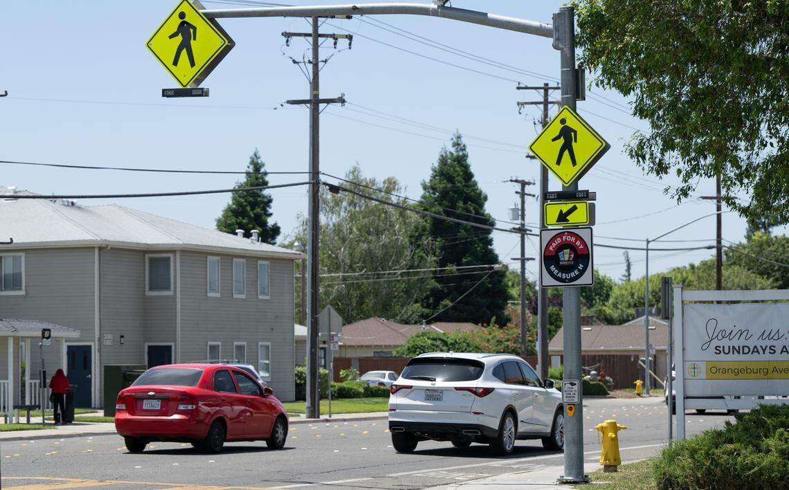 New crosswalk improvements on a crosswalk on Orangeburg Avenue in Modesto, Calif., Friday, May 24, 2024. The crosswalk was funded using money from Modesto’s Measure H.