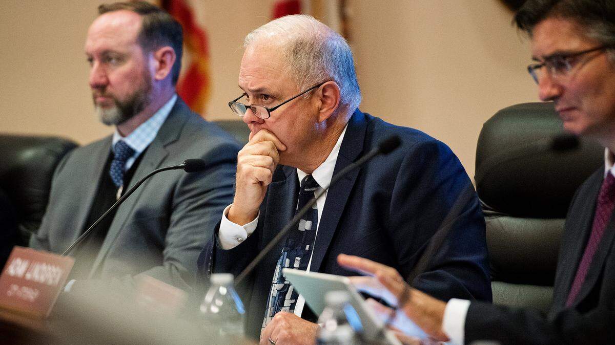 Modesto Mayor Ted Brandvold, middle, listens to public comment during the Modesto City Council meeting at Tenth Street Place in Modesto, Calif., Tuesday, Jan. 22, 2019.