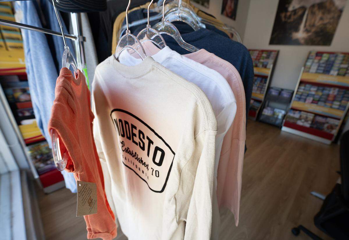 Modesto shirts at the Visit Modesto welcome center in Modesto, Friday, July 18, 2025.