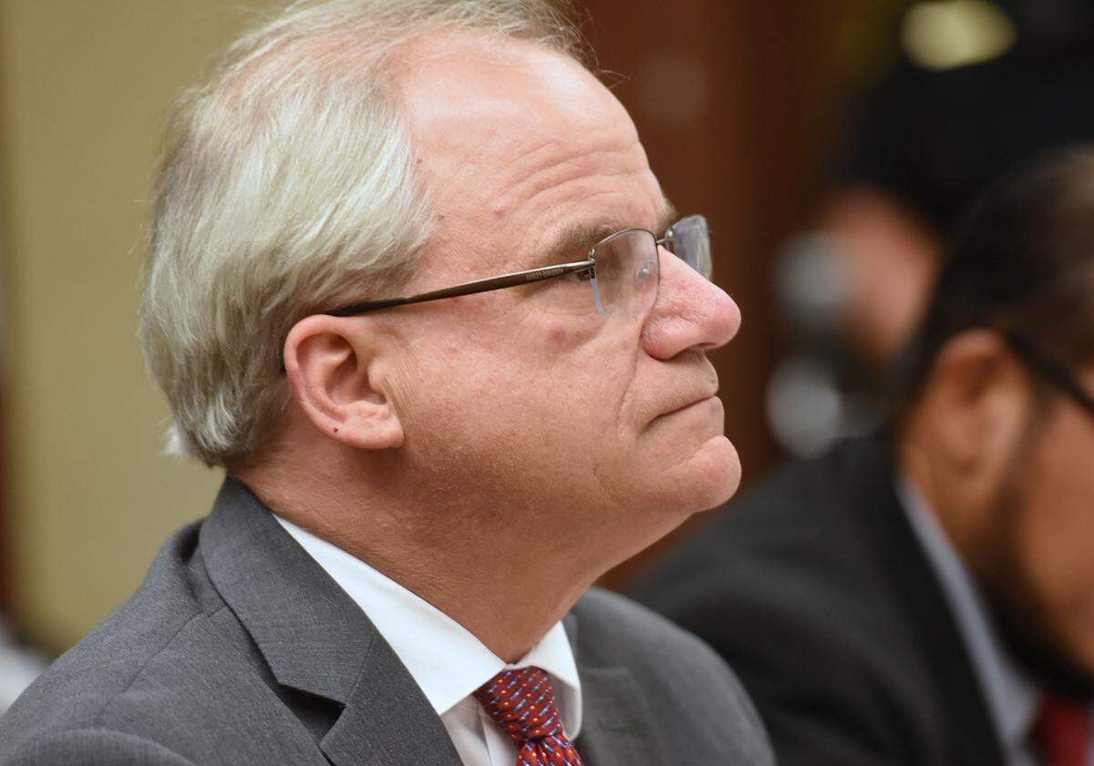 Stanislaus County deputy district attorney John R. Mayne is pictured during a sentencing hearing for Jacob Medina Cervantes on Monday July 8, 2019 in Stanislaus County Superior Court in Modesto, Calif. Cervantes (not pictured) was formally sentenced to 12 years and 4 months for killing his husband Thomas Kroger and stuffing the victim’s body into a freezer at the auto body shop they owned in Ceres, Calif.