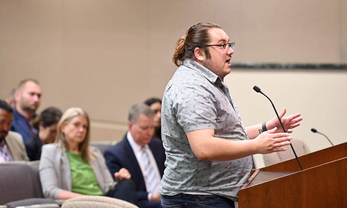 Jonathan Grammatico speaks in support of the LGBTQ+ community during a Stanislaus County Board of Supervisors meeting in Modesto, Calif., Tuesday, June 6, 2023.