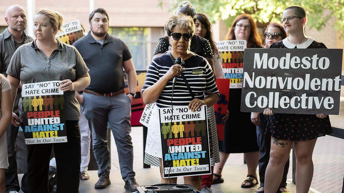 Wendy Byrd, president of the NAACP, speaks during a press conference organized by the Modesto Nonviolent Collective to oppose Straight Pride event scheduled for Saturday. Photographed at 10th Street Place in Modesto, Calif., Thursday, Aug. 22, 2019.