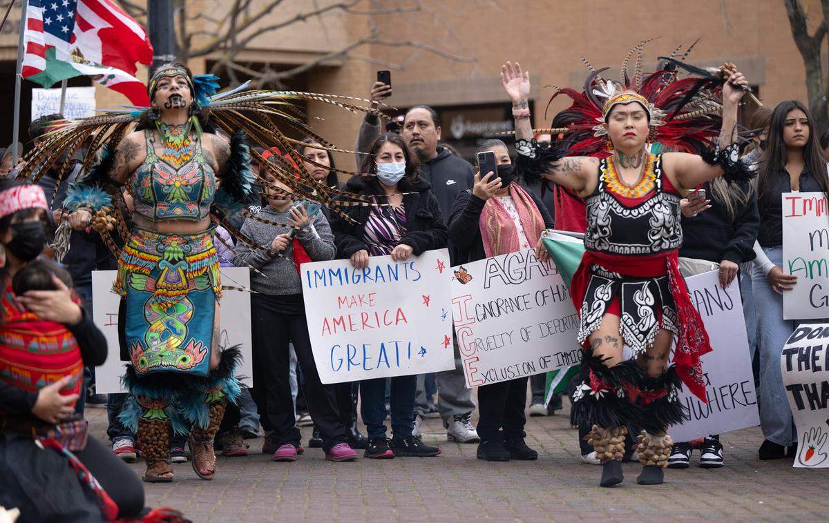 A few hundred people gathered on Modesto’s Tenth Street Plaza at noon Monday to protest for immigrant rights. There were Mexican flags, chants, Aztec dancing and lots of supportive honking as the crowd then moved toward the Five Points intersection for a rally in downtown Modesto, Monday, Feb. 3, 2025.